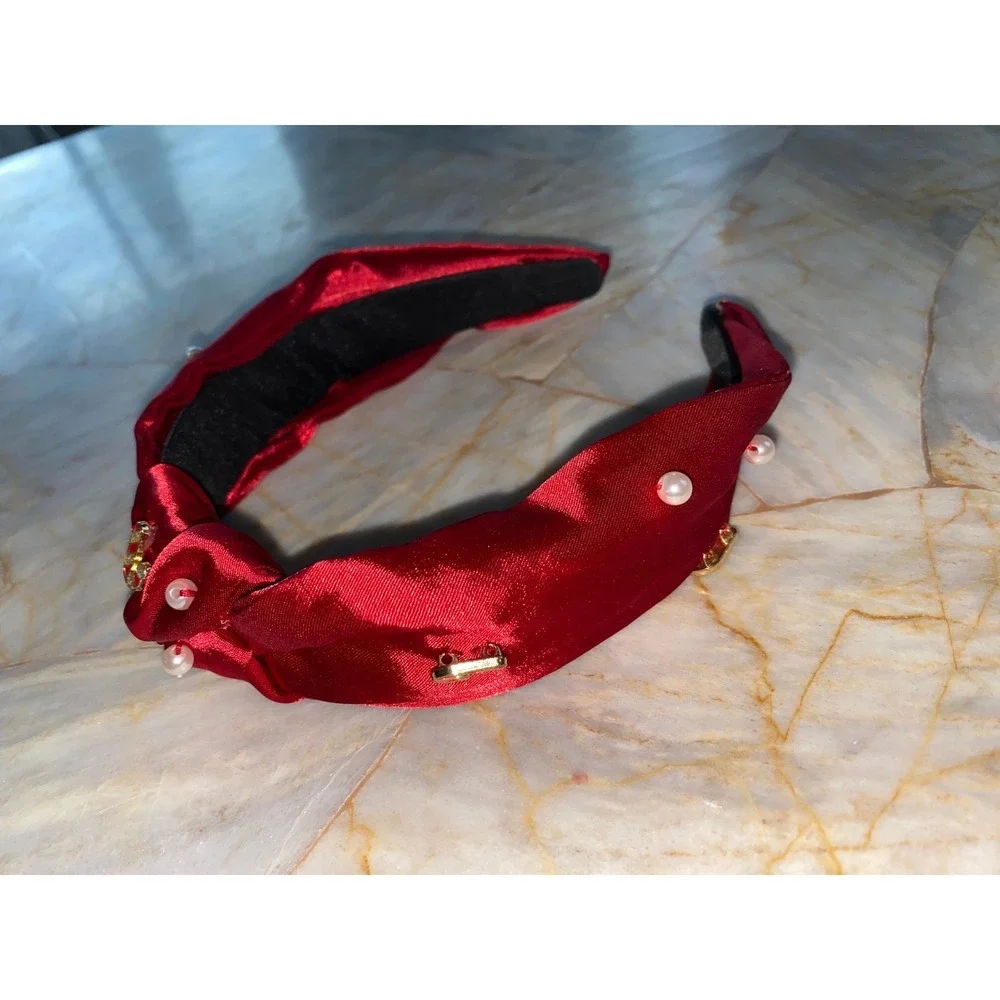 Red Satin Knotted Headband Faux Pearl Candy Cane Christmas Holiday‎ Charms Wide